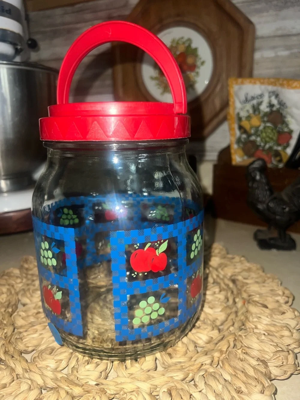 Sun Tea - Vintage Red-Lid Glass Storage Jar with Blue Check & Fruit Motif -
